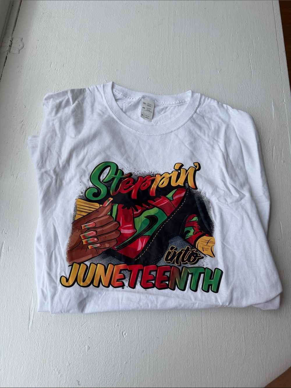 Gildan White Juneteenth Graphic Tee with Red, Green & Yellow Print